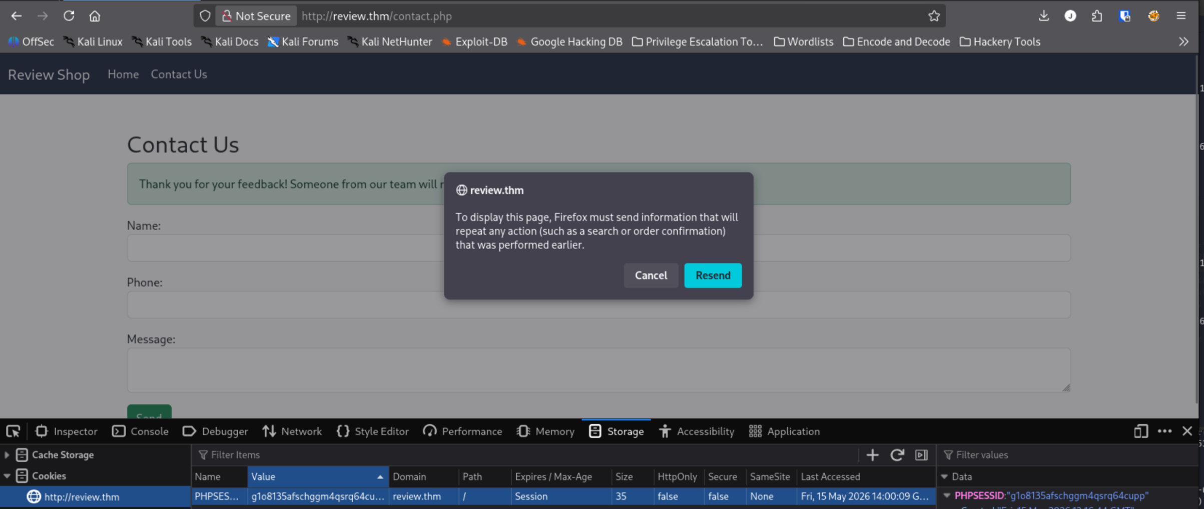 page refreshed after cookie swap revealing mod dashboard
